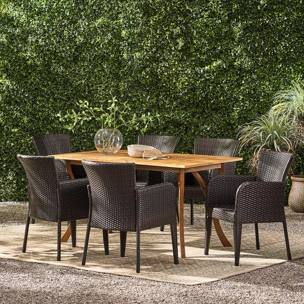 Gdf Studio Helton Outdoor 7-Piece Multi-Brown Wicker Dining Set With Teak Acacia Wood Table