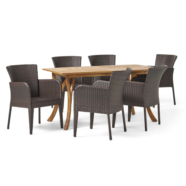 gdf studio Helton Outdoor 7-Piece Multi-Brown Wicker Dining Set with Teak Acacia Wood Table