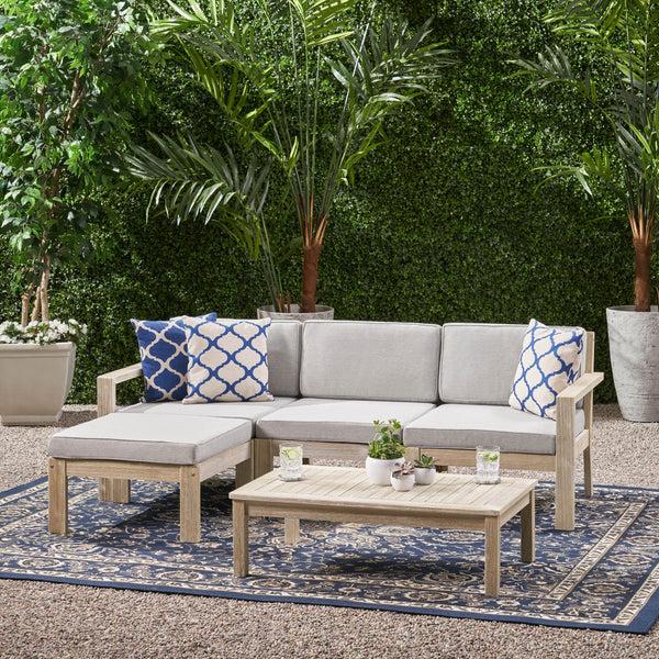 Gdf Studio Henderson Outdoor 3 Seater Acacia Wood Sofa Sectional With Cushions