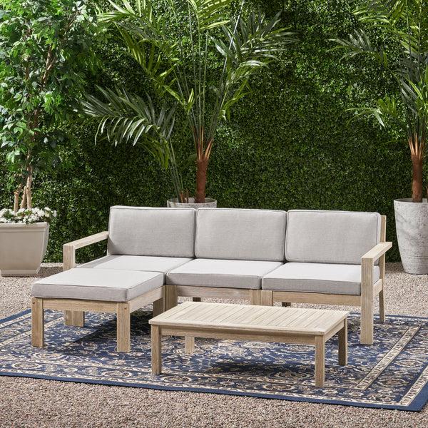 Gdf Studio Henderson Outdoor 3 Seater Acacia Wood Sofa Sectional With Cushions