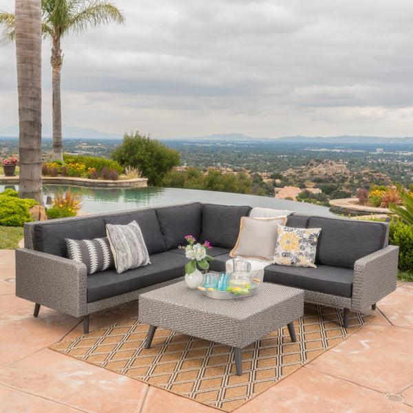 Gdf Studio Hensley Outdoor Wicker 5 Seater Sectional Sofa Chat Set With Cushions Mixed Black And Dark Gray