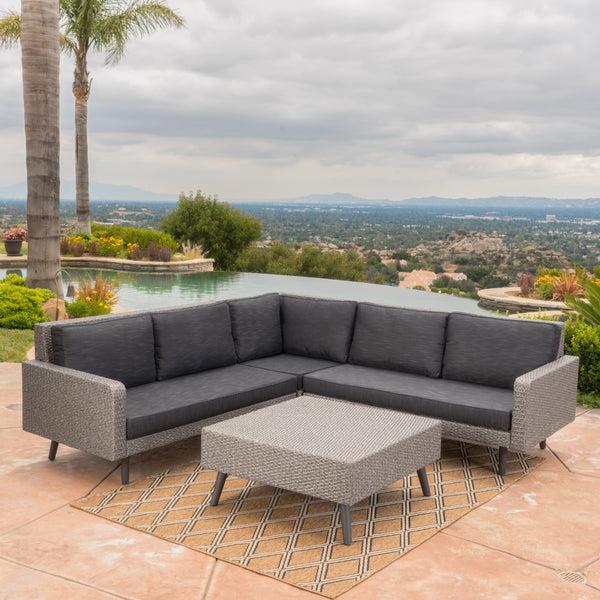 Gdf Studio Hensley Outdoor Wicker 5 Seater Sectional Sofa Chat Set With Cushions Mixed Black And Dark Gray