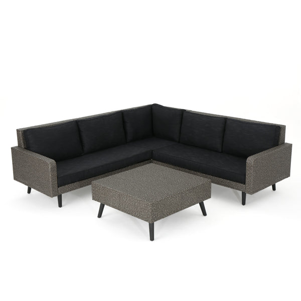 gdf studio Hensley Outdoor Wicker 5 Seater Sectional Sofa Chat Set with Cushions Mixed Black and Dark Gray
