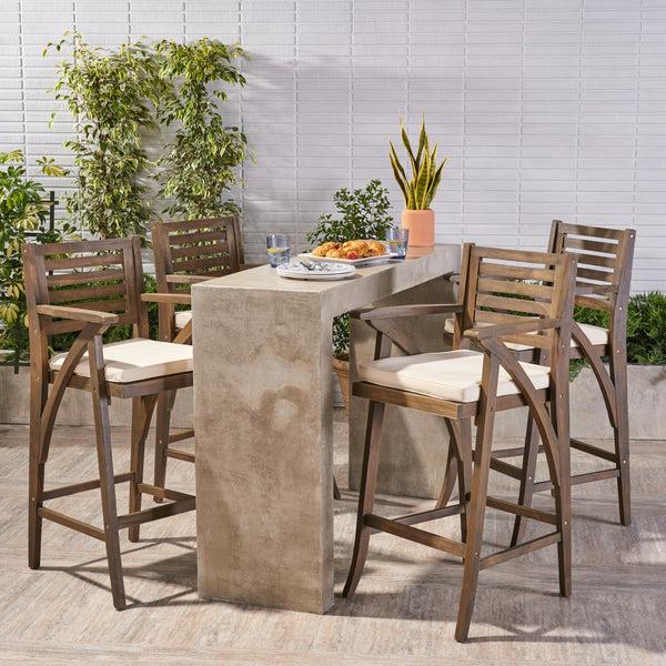 Gdf Studio Hermosa Outdoor Acacia Wood Barstool (Set Of 4) Grey With Cream Cushion