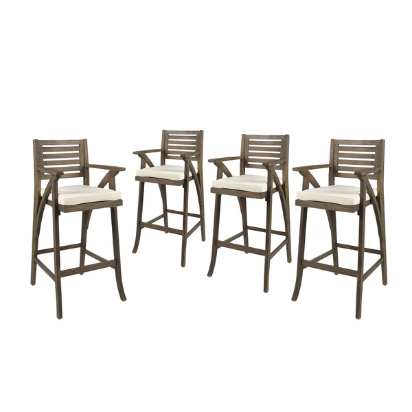 gdf studio Hermosa Outdoor Acacia Wood Barstool (Set of 4) Grey with Cream Cushion