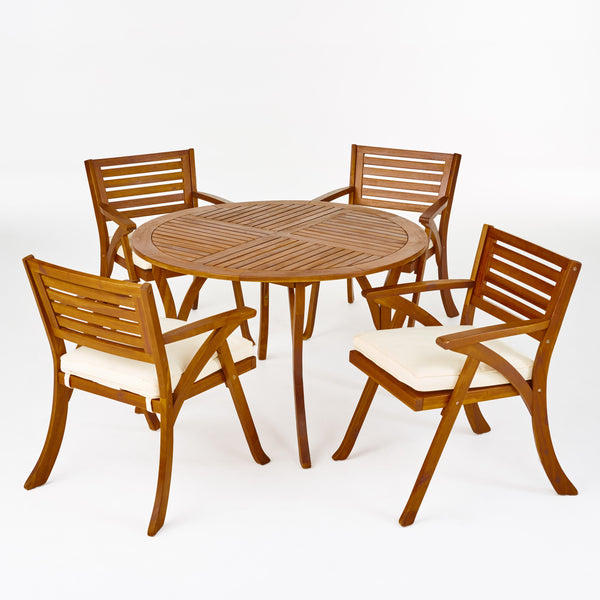 Gdf Studio Hestia Outdoor 4 Seater Acacia Wood Circular Dining Set With Cushions