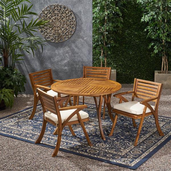 Gdf Studio Hestia Outdoor 4 Seater Acacia Wood Circular Dining Set With Cushions