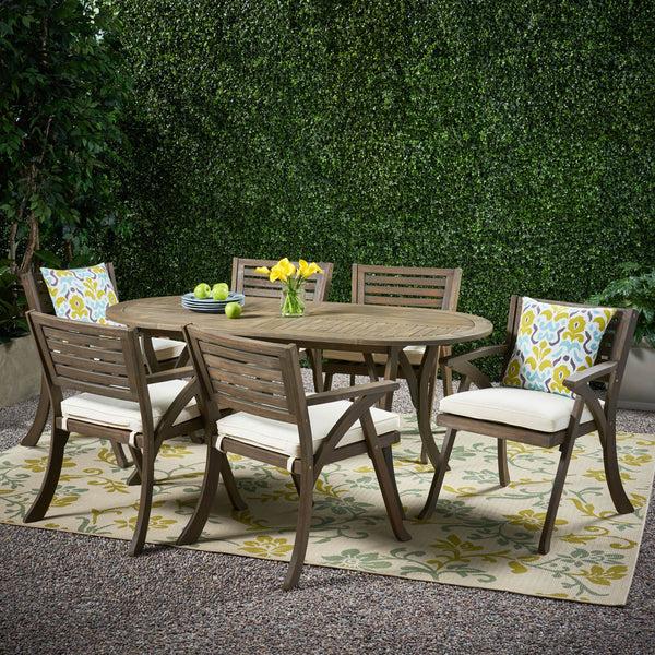Gdf Studio Hestia Outdoor 6 Seater Acacia Wood Oval Dining Set With Cushions