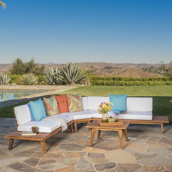 Gdf Studio Hillside Mid Century Modern Outdoor Wood Platform Sectional With Built In End Tables & Coffee Table