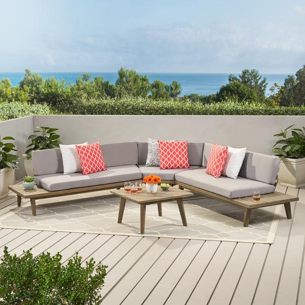 Gdf Studio Hillside Mid Century Modern Outdoor Wood Platform Sectional With Built In End Tables & Coffee Table