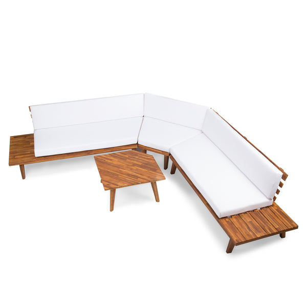 gdf studio Hillside Mid Century Modern Outdoor Wood Platform Sectional With Built In End Tables & Coffee Table
