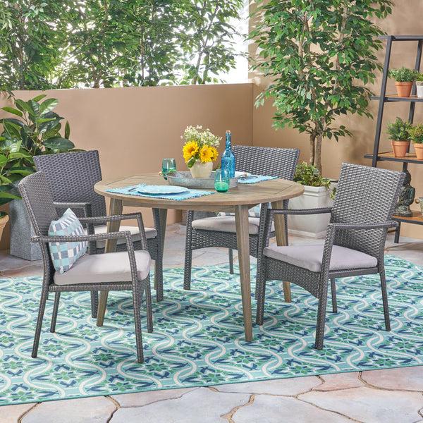 Gdf Studio Hoff Outdoor Coastal 5 Piece Wicker Dining Set With Round Acacia Wood Table