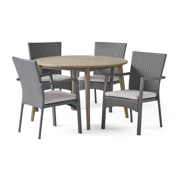 gdf studio Hoff Outdoor Coastal 5 Piece Wicker Dining Set with Round Acacia Wood Table