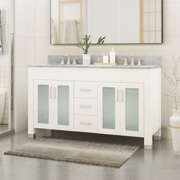 Gdf Studio Holdame Contemporary 60" Wood Double Sink Bathroom Vanity With Marble Counter Top With Carrara White Marble