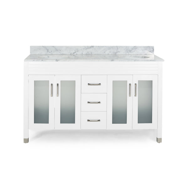 gdf studio Holdame Contemporary 60" Wood Double Sink Bathroom Vanity with Marble Counter Top with Carrara White Marble