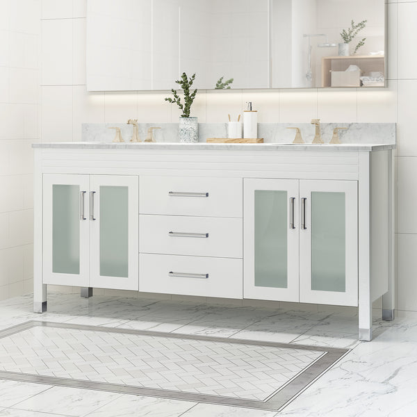 Gdf Studio Holdame Contemporary 72" Wood Double Sink Bathroom Vanity With Marble Counter Top With Carrara White Marble