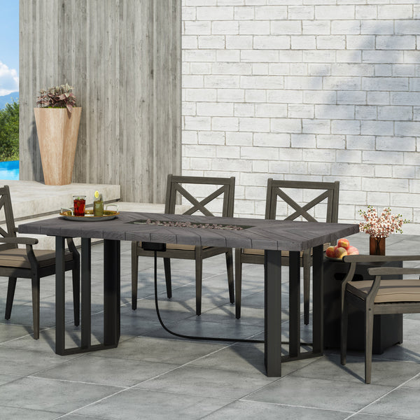 Gdf Studio Holdaway Outdoor 40 000 BTU Fire Pit Dining Table With Tank Holder Textured Gray Oak Black And Dark Gray