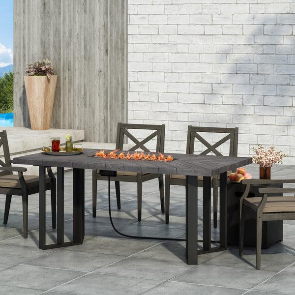 Gdf Studio Holdaway Outdoor 40 000 BTU Fire Pit Dining Table With Tank Holder Textured Gray Oak Black And Dark Gray