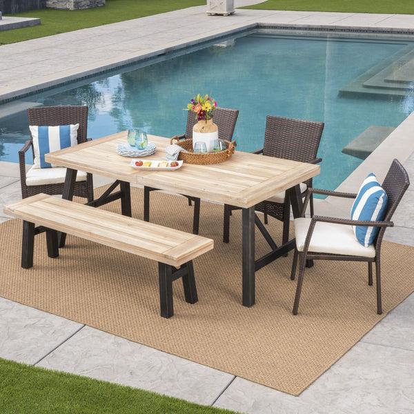 Gdf Studio Hollister Outdoor 6 Piece Acacia Wood Dining Set With Wicker Dining Chairs