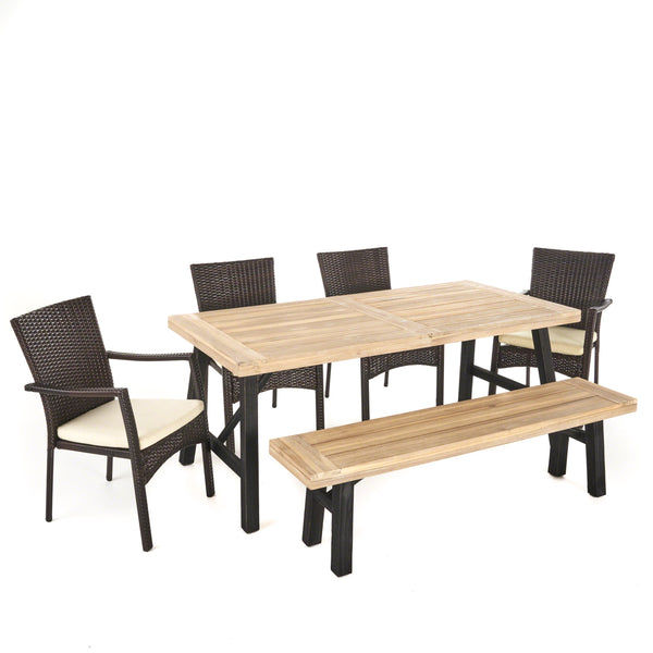 gdf studio Hollister Outdoor 6 Piece Acacia Wood Dining Set with Wicker Dining Chairs