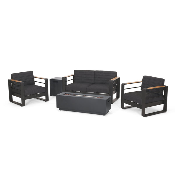 gdf studio Hooven Outdoor Aluminum 4 Seater Chat Set with Fire Pit Black Natural and Dark Gray
