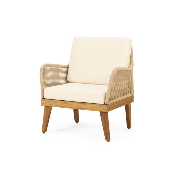 gdf studio Hueber Outdoor Acacia Wood and Rope Club Chair with Cushions Teak Light Brown and Beige