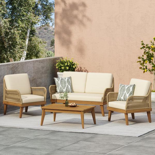 Gdf Studio Hueber Outdoor Acacia Wood Chat Set With Cushion Teak Light Brown And Beige