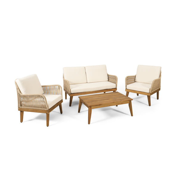 gdf studio Hueber Outdoor Acacia Wood Chat Set with Cushion Teak Light Brown and Beige
