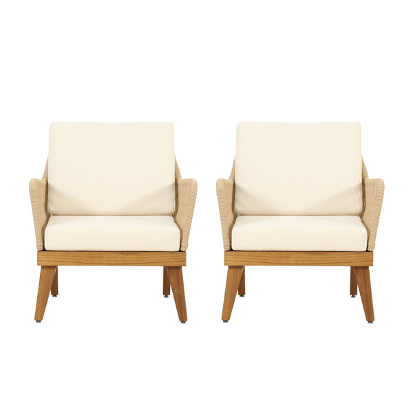 gdf studio Hueber Outdoor Acacia Wood Club Chairs with Cushion Set of 2 Teak Light Brown and Beige