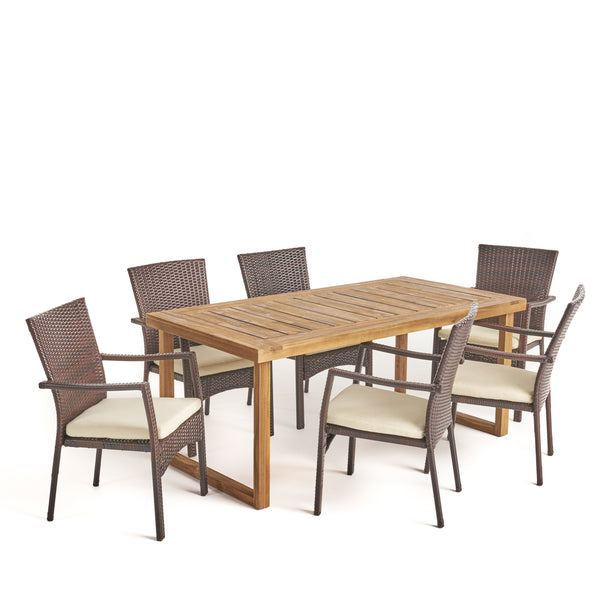 Gdf Studio Humphrey Outdoor 6-Seater Acacia Wood Dining Set With Wicker Chairs Sandblast Natural Finish And Multi Brown And Beige