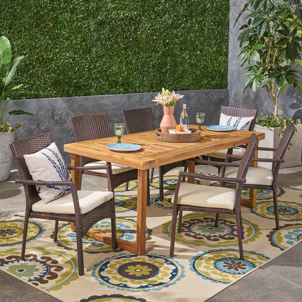 gdf studio Humphrey Outdoor 6-Seater Acacia Wood Dining Set with Wicker Chairs Sandblast Natural Finish and Multi Brown and Beige
