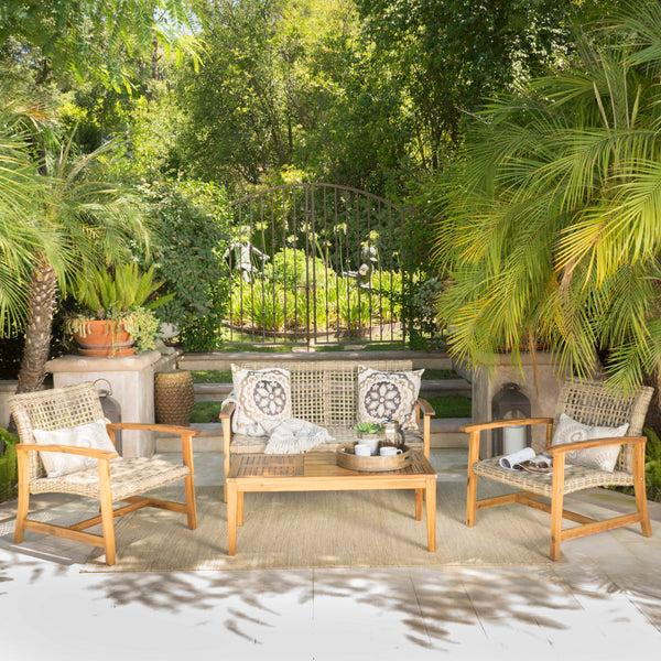 Gdf Studio Hunter Outdoor 4 Piece Wicker Chat Set With Natural Stained Acacia Wood Frame