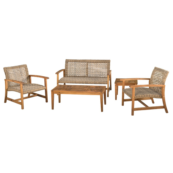 gdf studio Hunter Outdoor 4 Piece Wicker Chat Set with Natural Stained Acacia Wood Frame