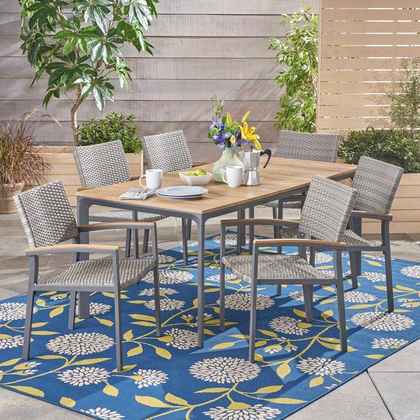 Gdf Studio Huxley Outdoor Aluminum 7 Piece Dining Set With Wood Tabletop