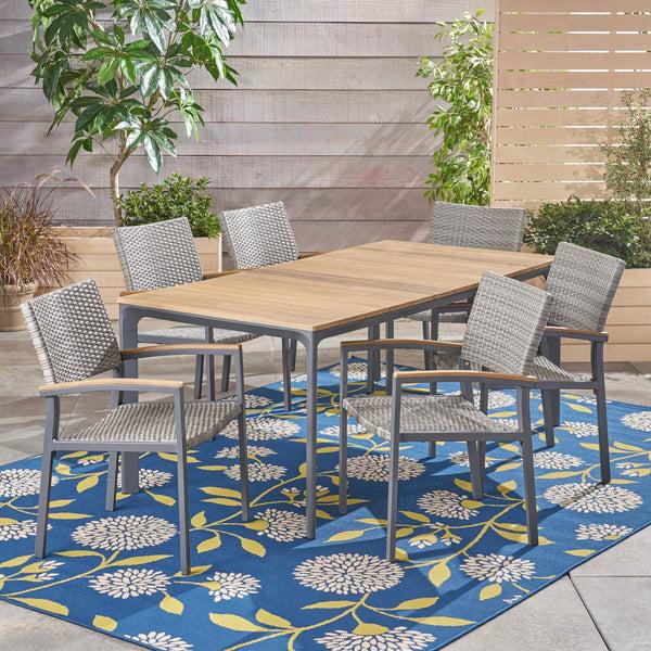 Gdf Studio Huxley Outdoor Aluminum 7 Piece Dining Set With Wood Tabletop
