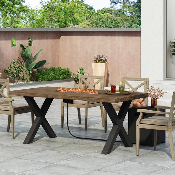 Gdf Studio Hyrum Outdoor 40 000 BTU Fire Pit Dining Table With Tank Holder Textured Brown Walnut Black And Dark Gray