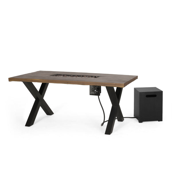 gdf studio Hyrum Outdoor 40 000 BTU Fire Pit Dining Table with Tank Holder Textured Brown Walnut Black and Dark Gray