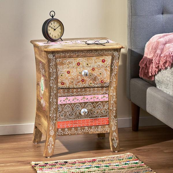 Gdf Studio Ingersol Handcrafted Boho 2 Drawer Mango Wood Nightstand