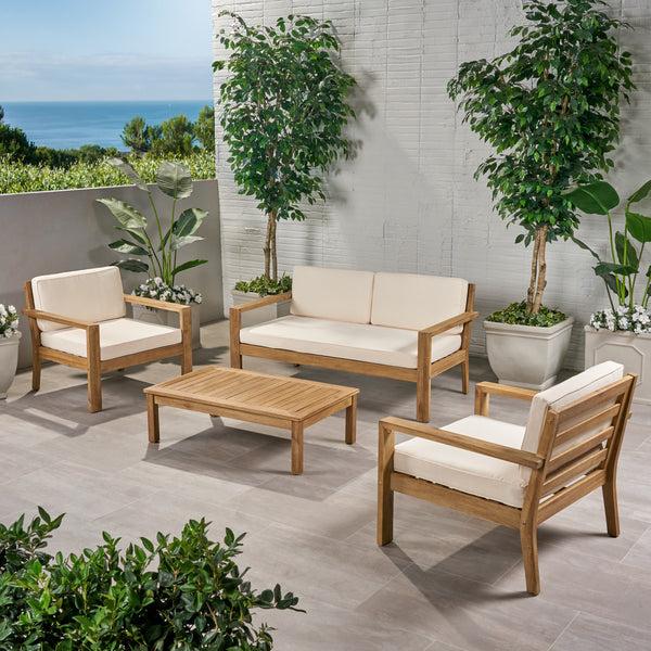 Gdf Studio Iris Outdoor 4 Seater Acacia Wood Chat Set With Cushions