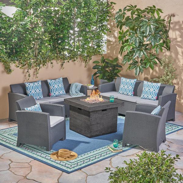 Gdf Studio Irwin Outdoor 8-Seater Wicker Print Chat Set With Fire Pit