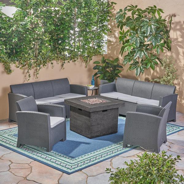 Gdf Studio Irwin Outdoor 8-Seater Wicker Print Chat Set With Fire Pit