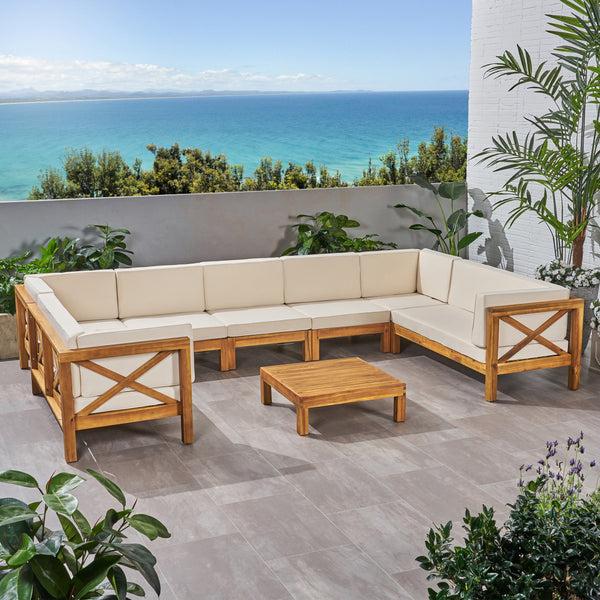 Gdf Studio Isabella Outdoor 9 Seater Acacia Wood Sectional Sofa Set