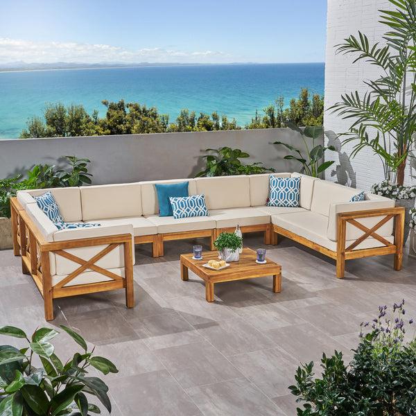 Gdf Studio Isabella Outdoor 9 Seater Acacia Wood Sectional Sofa Set