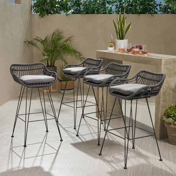 Gdf Studio Isador Outdoor Wicker Barstools With Cushions (Set Of 4)