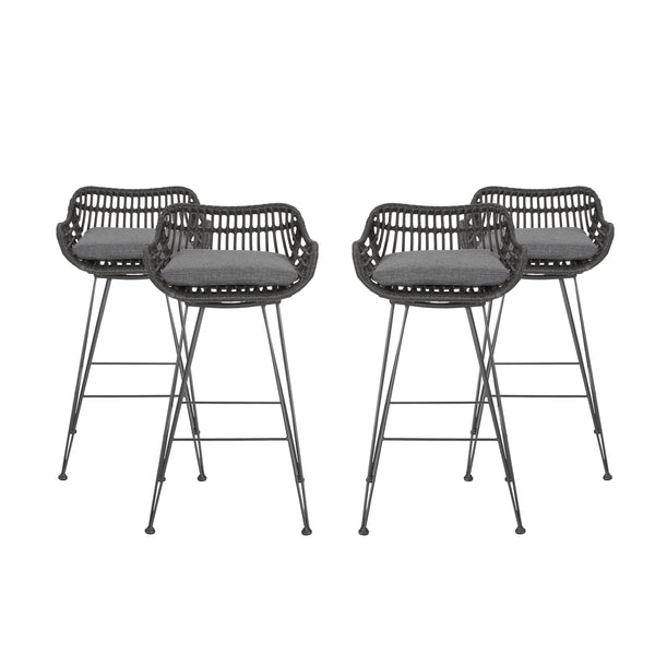 gdf studio Isador Outdoor Wicker Barstools with Cushions (Set of 4)