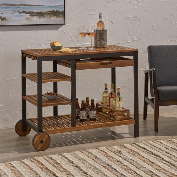 Gdf Studio Ishtar Indoor Wood And Iron Bar Cart With Drawers And Wine Bottle Holders