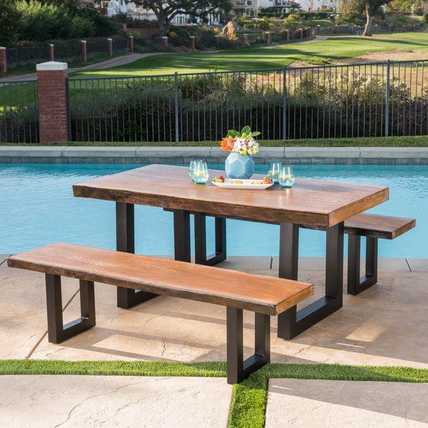 Gdf Studio Ishtar Outdoor 3 Piece Faux Live Edge Teak Finish Lightweight Concrete Picnic Set