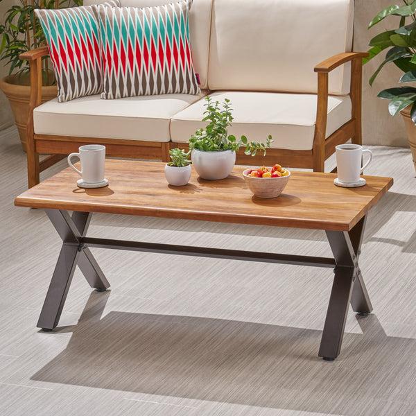 Gdf Studio Ishtar Outdoor Farmhouse Teak Acacia Wood Coffee Table With Black X-Frame Legs