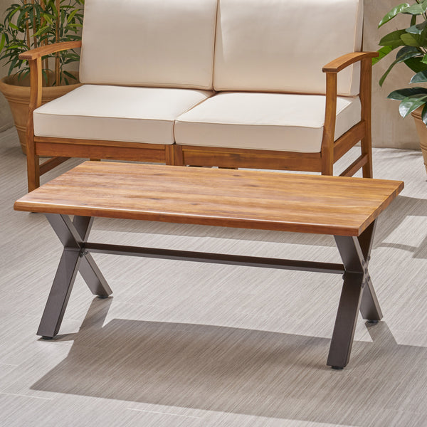 Gdf Studio Ishtar Outdoor Farmhouse Teak Acacia Wood Coffee Table With Black X-Frame Legs