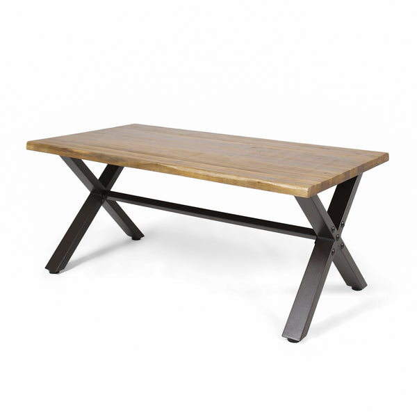 gdf studio Ishtar Outdoor Farmhouse Teak Acacia Wood Coffee Table with Black X-Frame Legs